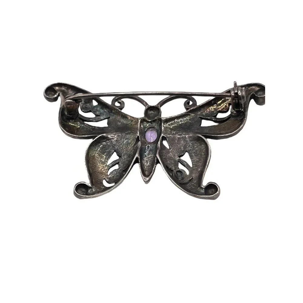 Sterling Silver 925 Faceted Amethyst Marcasite Enameled Butterfly Brooch Pin VTG